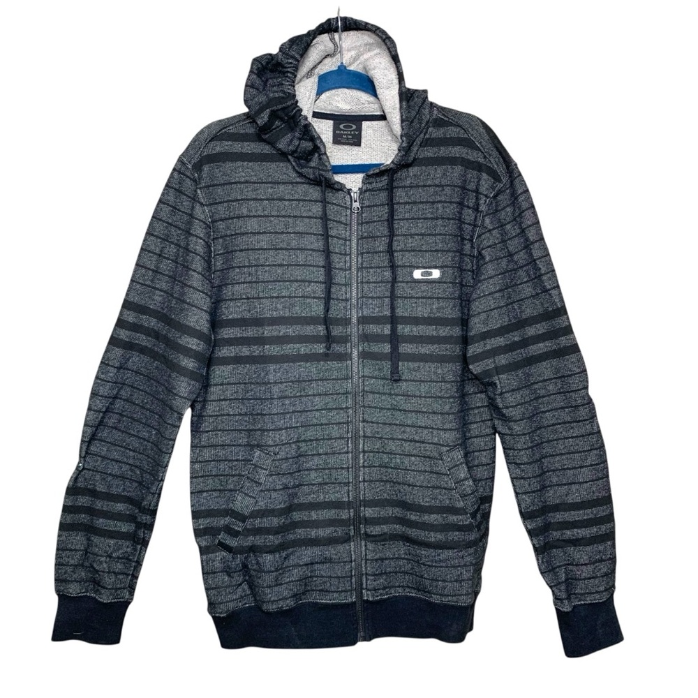 Oakley Striped Zip-Up Hoodie Sweater Gray Black Sz M Kangaroo Retro Y2K Skaters